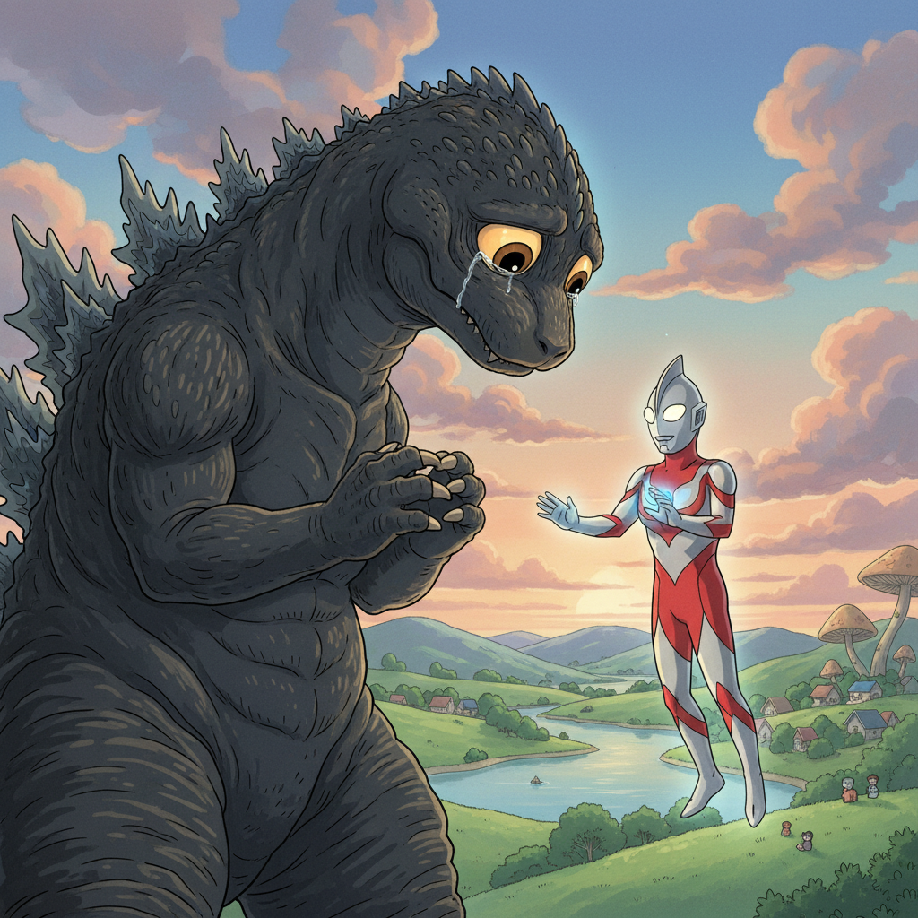 在奥特曼的感召下，哥斯拉逐渐平静下来，它停止了破坏，露出了悲伤的眼神。它的内心深处，渴望着被理解和接纳。