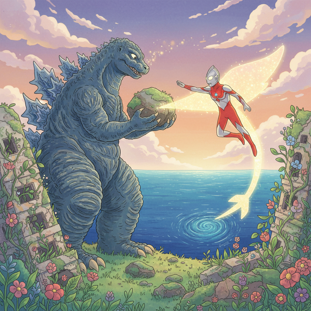 闪耀帮助哥斯拉修复了它在战斗中造成的破坏，并引导它回到了深海。哥斯拉在离开前，向奥特曼表达了感激之情。