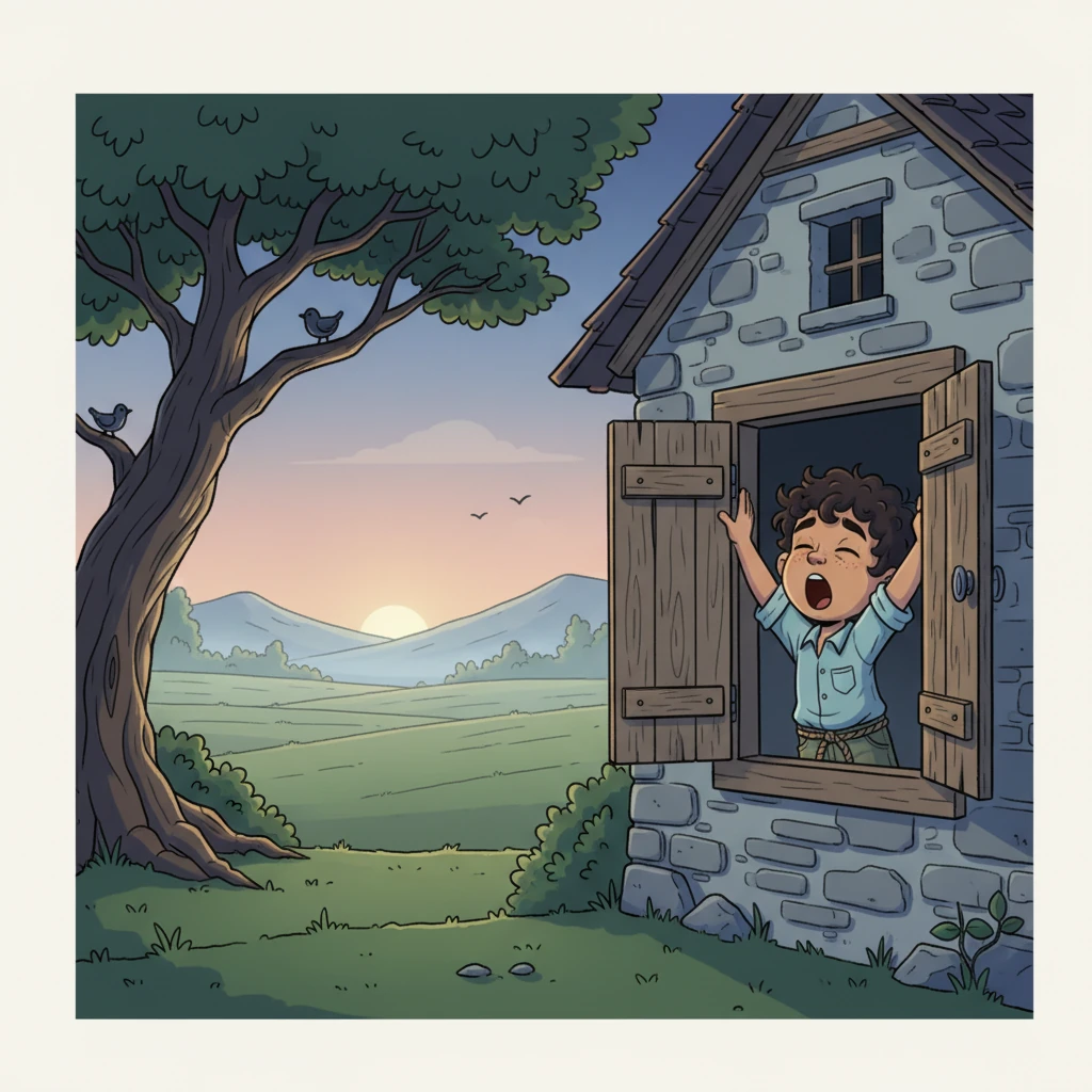 Manhã Cedo no Campo: João, um menino magrinho com roupas gastas, acorda antes do sol nascer em um casebre simples. Seus olhos, ainda sonolentos, já carregam o peso do dia que se inicia. Lá fora, o canto dos pássaros parece um lamento suave no ar frio da madrugada.