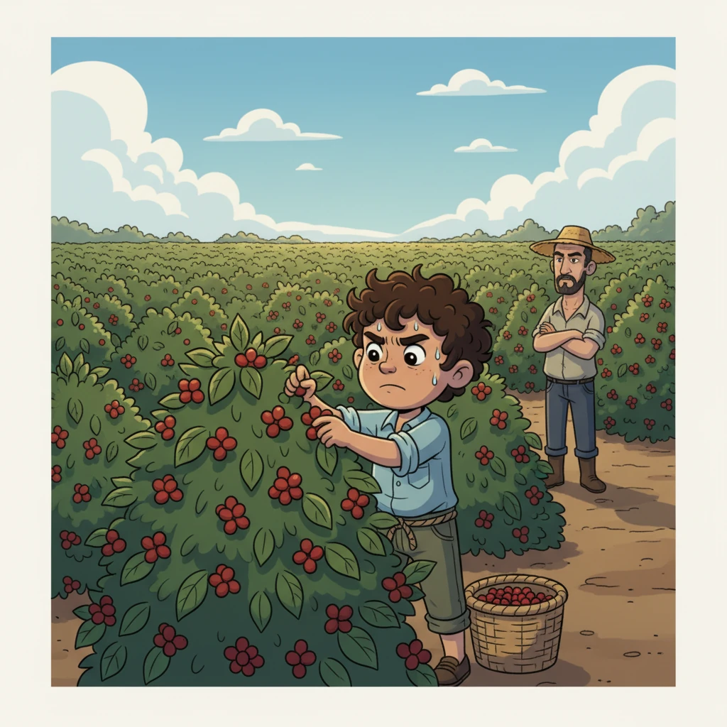 O Campo de Café: O sol já está alto, e João trabalha incansavelmente em um vasto campo de café. Seus pequenos dedos, ágeis e calejados, colhem os grãos vermelhos sob o olhar atento de um capataz de semblante severo. O suor escorre pelo seu rosto, misturando-se à poeira da terra.