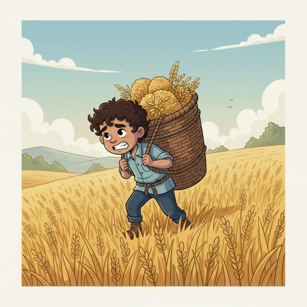 A Carga Pesada: Com uma cesta cheia de grãos pesados nas costas, João caminha com dificuldade. Cada passo é um esforço, e seus ombros doem sob o fardo. O cansaço físico é evidente, mas ele persiste, sabendo que não há outra escolha.