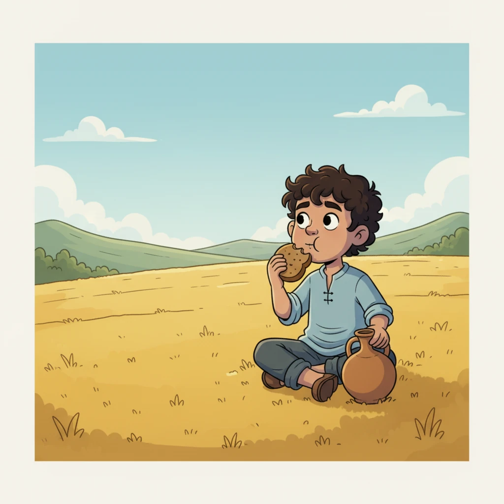 A Refeição Escassa: Ao meio-dia, João se senta para uma refeição simples: um pedaço de pão e água. Ele come apressadamente, seus pensamentos ainda presos à tarefa. Não há tempo para descanso real, apenas uma pausa para reabastecer as energias mínimas.