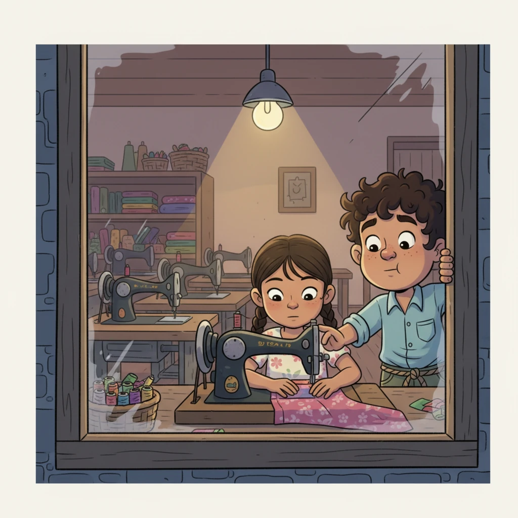 Uma Nova Realidade, o Mesmo Desafio: Em uma cidade vibrante do Brasil de hoje, uma menina chamada Ana, com idade similar à de João, trabalha em uma pequena oficina de costura. As máquinas zumbem incessantemente, e seus dedinhos costuram peças sob a luz fraca de uma lâmpada.