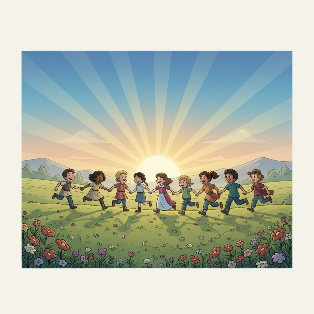 Um Chamado à Consciência: A história de João e Ana se funde em uma imagem poderosa de várias crianças de diferentes épocas e lugares, mas com o mesmo desejo de infância. Um sol brilhante ilumina o horizonte, simbolizando a necessidade de um futuro onde toda criança possa brincar, estudar e sonhar livremente. A luta por seus direitos continua.