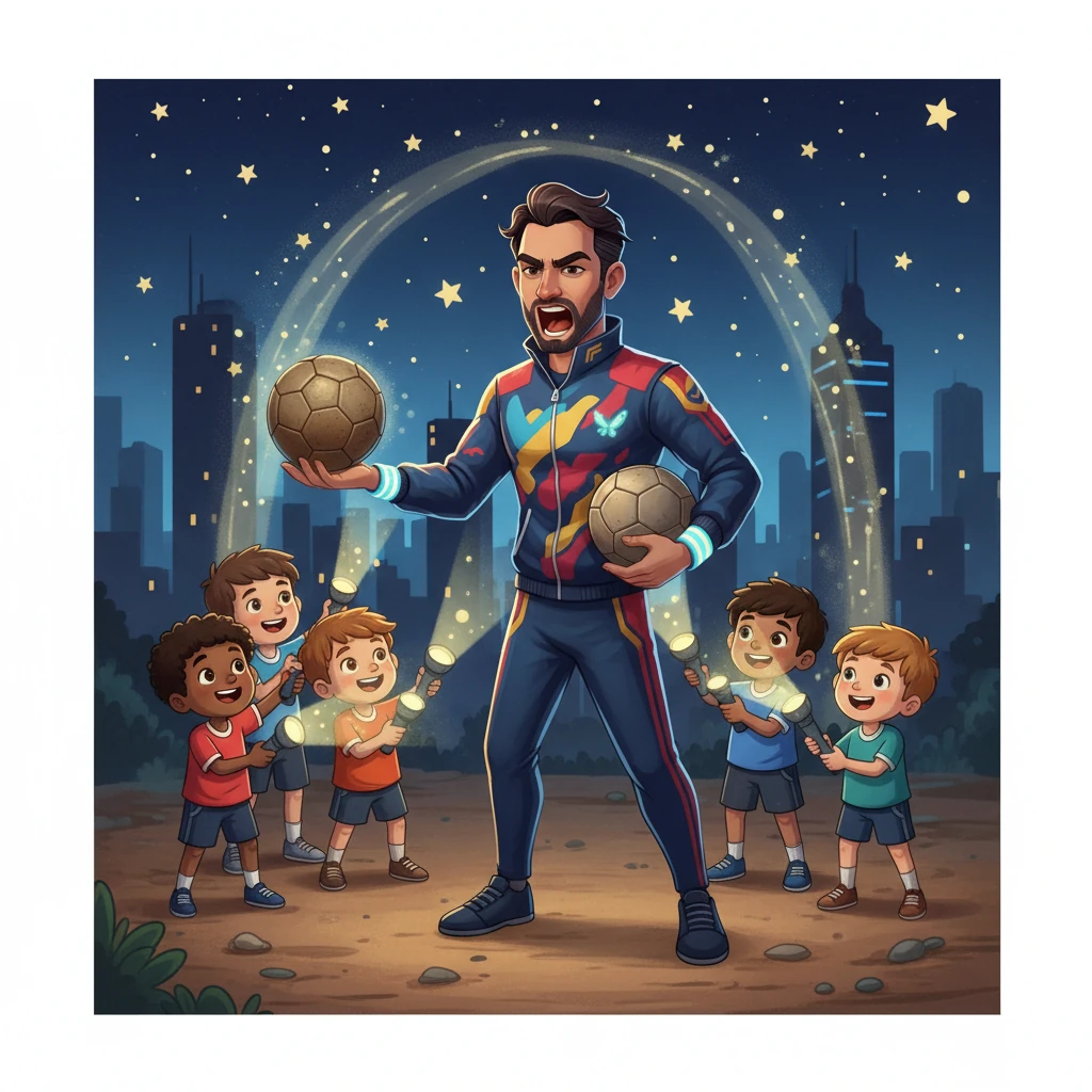 Sin dudarlo, Samuel tomó un viejo balón de cuero y, con voz firme, gritó: “¡El fútbol no necesita máquinas, solo corazón!” Los niños, con linternas, se unieron a él, y bajo las estrellas, la magia comenzó a resurgir.