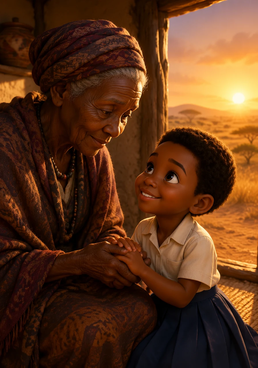 The morning sun slowly rises over the vast, arid African plains, painting the dry earth in warm shades of orange and gold. Inside their small, humble home, young Mitch tightly holds her grandmother's hand, feeling the deep warmth and safety that always surrounds her.