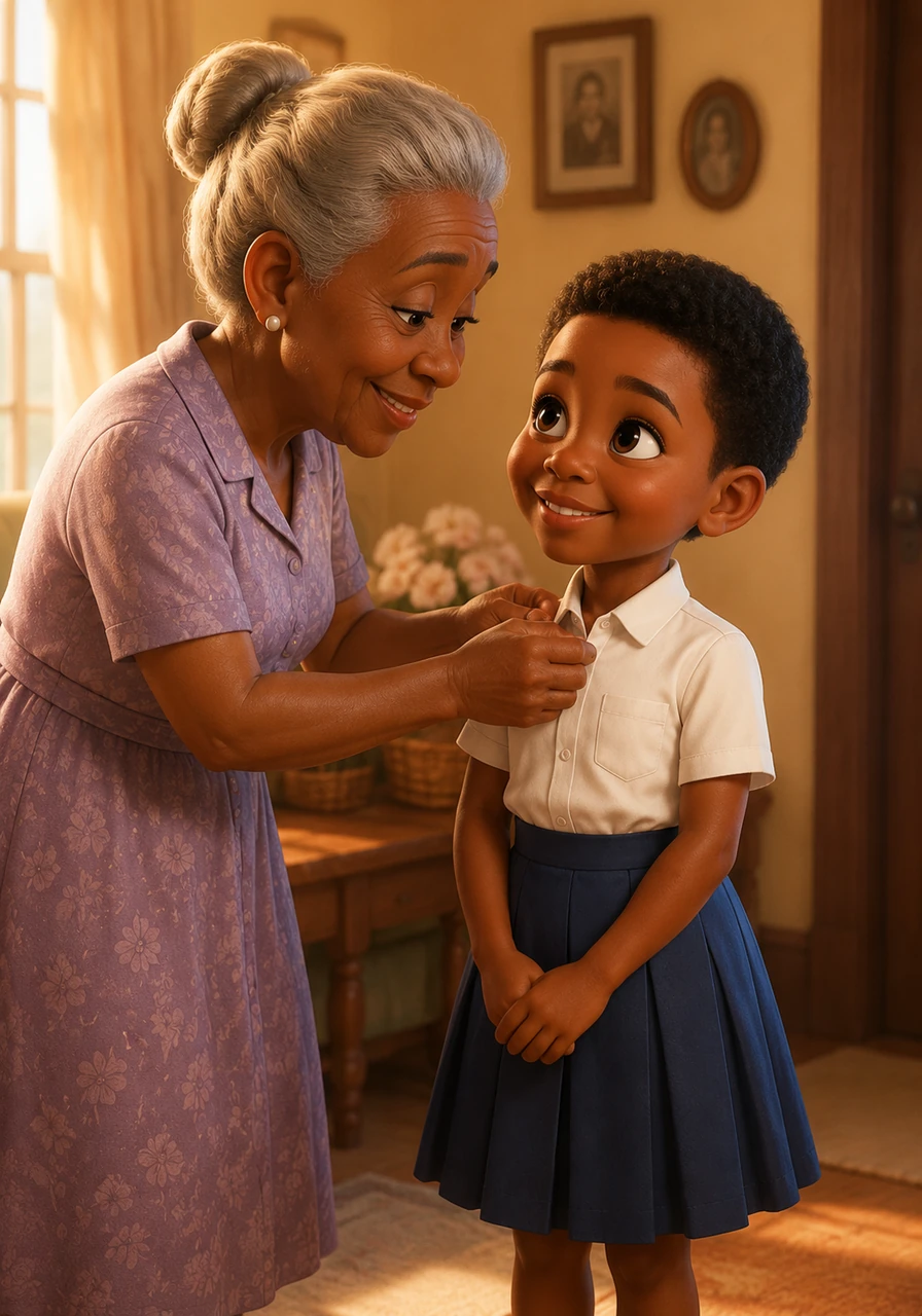 Today is Mitch's first day of school, and her grandmother carefully helps her into a crisp, clean uniform. As all her grandmother has left in this world, Mitch watches with adoration as the older woman readies herself, adjusting her favorite old dress with absolute grace.