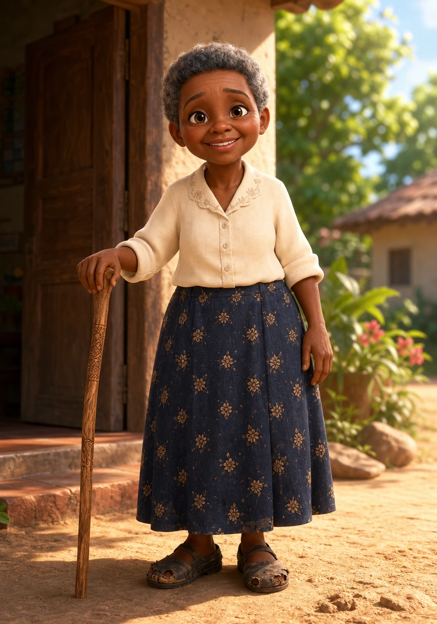 Stepping outside into the bright daylight, the grandmother balances carefully, leaning on a sturdy wooden cane carved from a local tree. Her shoes are worn and torn at the edges, showing the long, hard miles they have traveled over the years, yet she stands tall and proud.