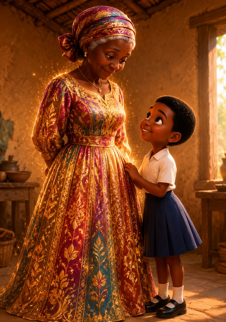 To the rest of the world, the grandmother's dress is faded from years of washing and patching. But through Mitch’s loving eyes, the colorful patterns look like a royal gown spun from the finest golden threads, unmatched by anything else in the village.