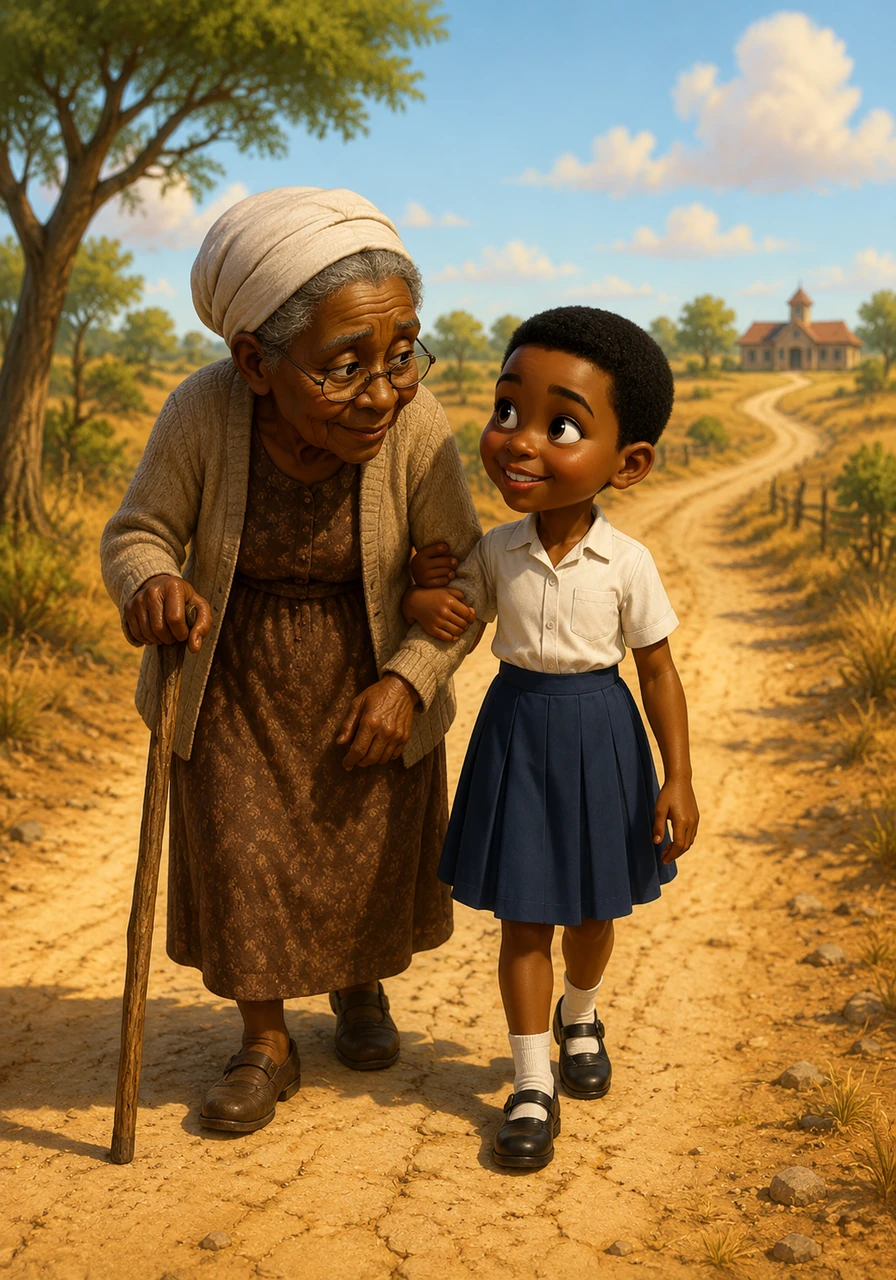 Together, they begin their slow journey down the dusty, winding dirt path that leads toward the distant schoolhouse. Every step is deliberate, marked by the rhythmic thud of the wooden cane pressing into the dry, cracked earth.