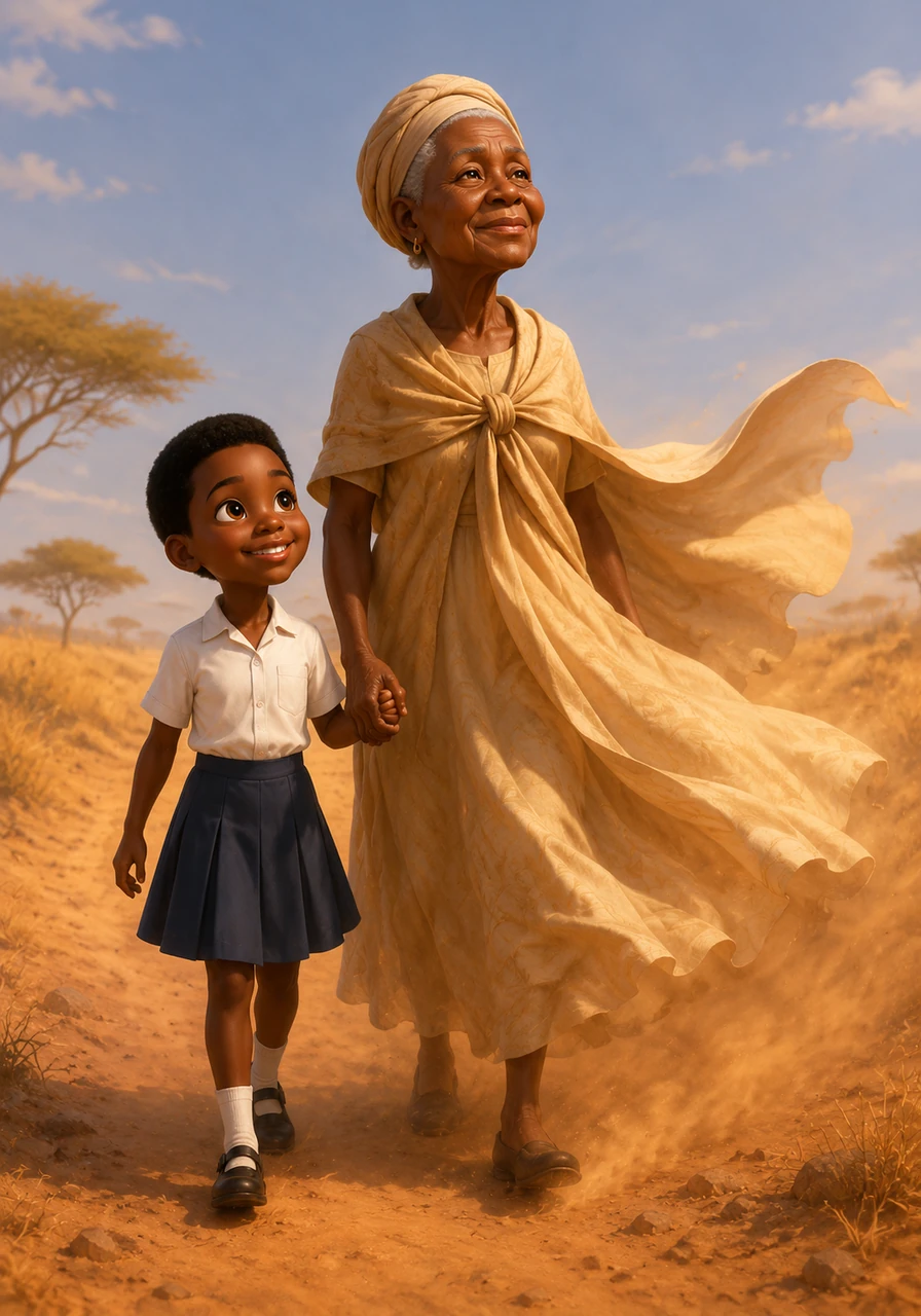 As they walk, a gentle breeze sweeps across the dry savanna, swirling the amber dust around their ankles and making the grandmother's long dress flutter like wings. Mitch walks proudly by her side, holding her head high, completely unbothered by the harsh heat.