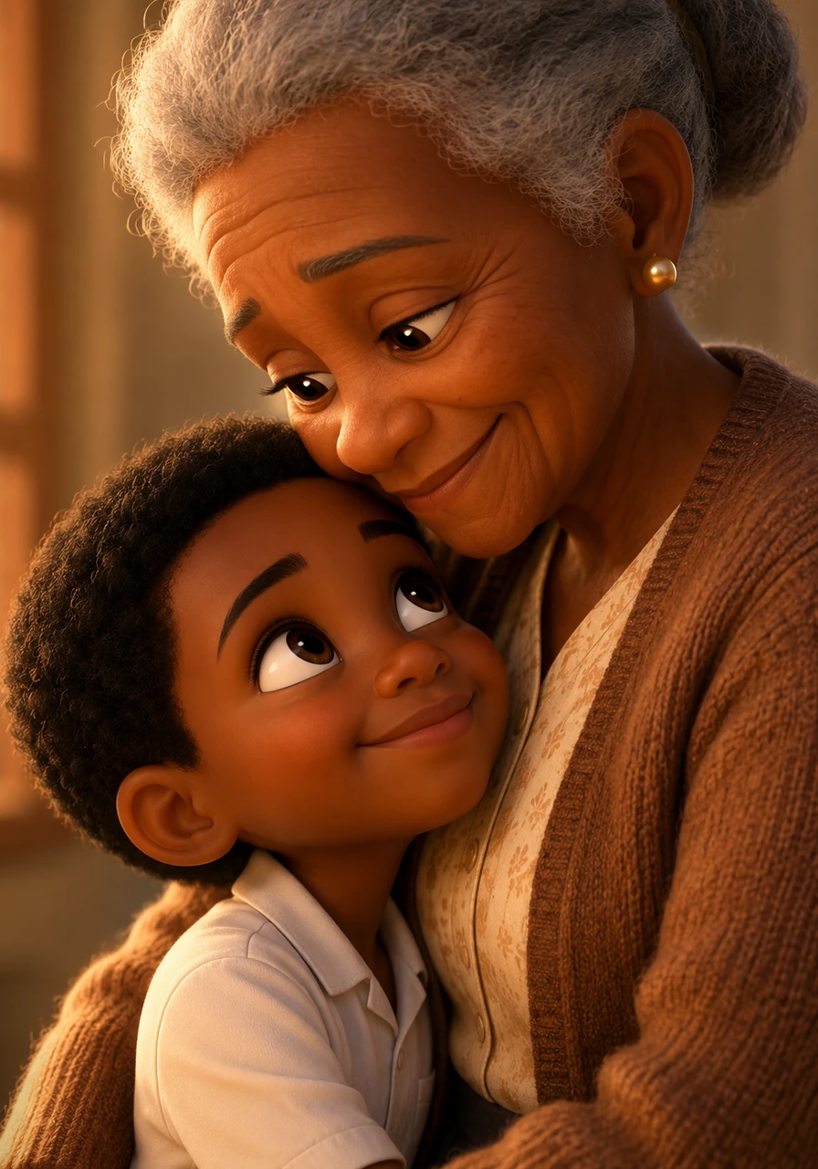 The grandmother looks down at Mitch, her face crinkling into a beautiful, deeply lined smile that radiates pure love and pride. She whispers words of encouragement, telling Mitch that education is a treasure that will unlock the entire world for her.