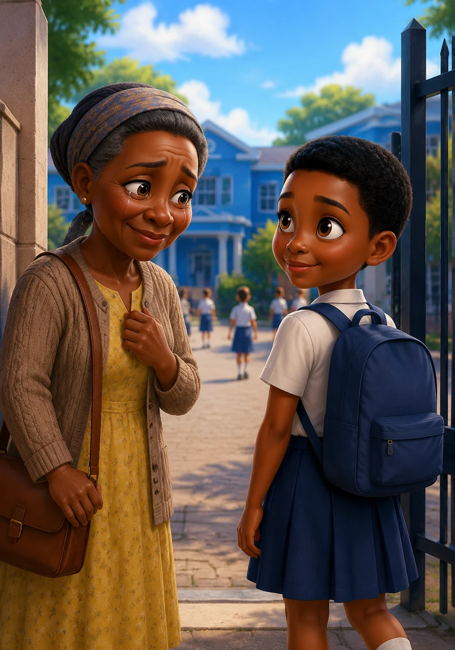 At last, the lively sounds of the schoolyard echo in the distance, and the bright blue school building comes into view. Mitch pauses at the gate, turning back to look at her grandmother, whose tired eyes are shining with tears of absolute joy.