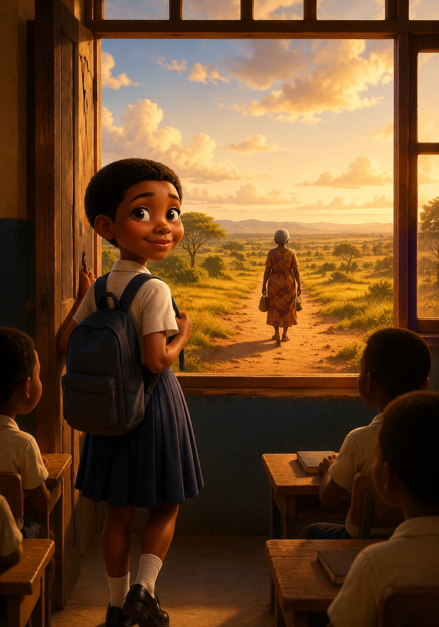 With a final, loving embrace, Mitch wave goodbye and steps into her classroom, her heart full of courage and determination. Looking out the window, she watches her grandmother slowly walk back down the path, the proudest and most beautiful figure against the vast African sky.