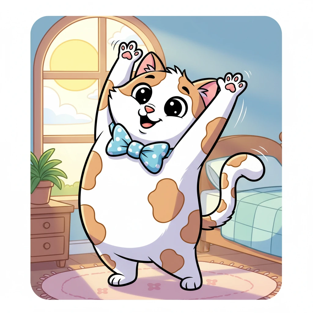 Whiskers wakes up with a big, happy stretch, her front paws reaching high towards the morning sun. Her tail wiggles with excitement for the new day.