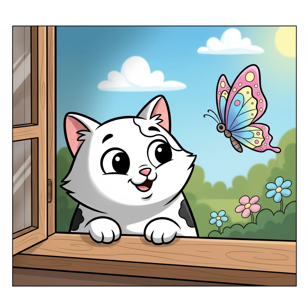 Peeking through the window, Whiskers spots a beautiful butterfly fluttering by. Its graceful dance makes her eyes wide with wonder and curiosity.