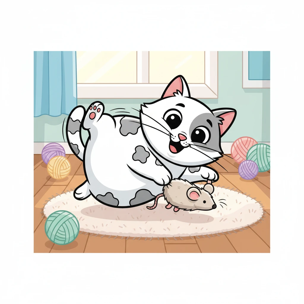 Whiskers pounces playfully on a soft, fluffy toy mouse, batting it gently with her paws. She rolls around, full of energy and fun.