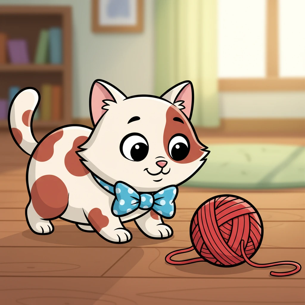 A bright red ball of yarn tumbles across the floor, catching Whiskers' attention. She stares at it, ready for a new game to begin.