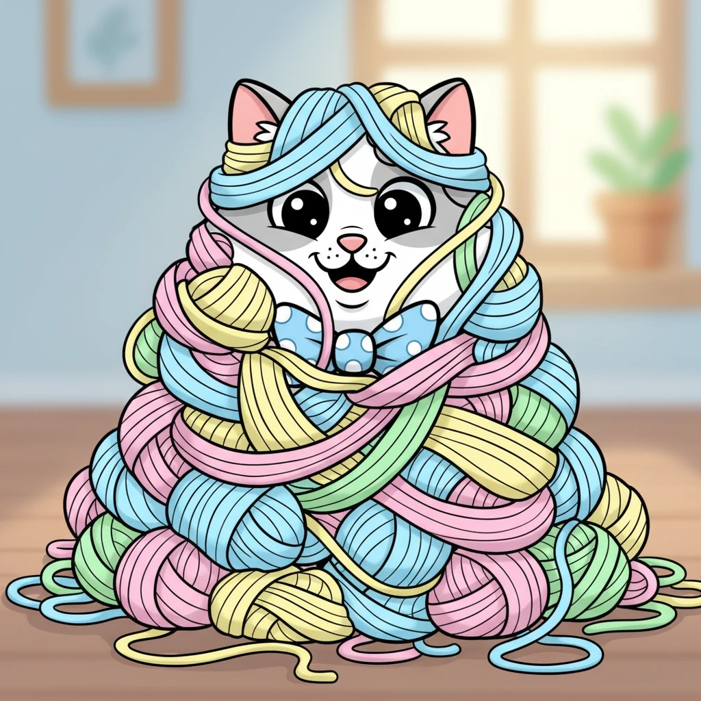 Soon, Whiskers is tangled in the yarn, a playful mess of string and giggles. Her ears peek out from the colorful tangle, looking surprised but happy.