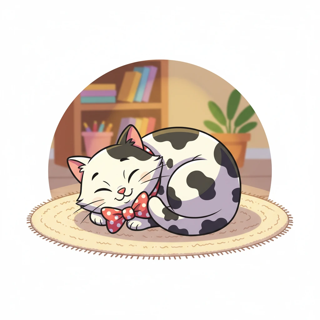 After all that play, Whiskers finds the perfect sunny spot on the rug for a cozy nap. She curls into a tight, warm ball, dreaming sweet dreams.