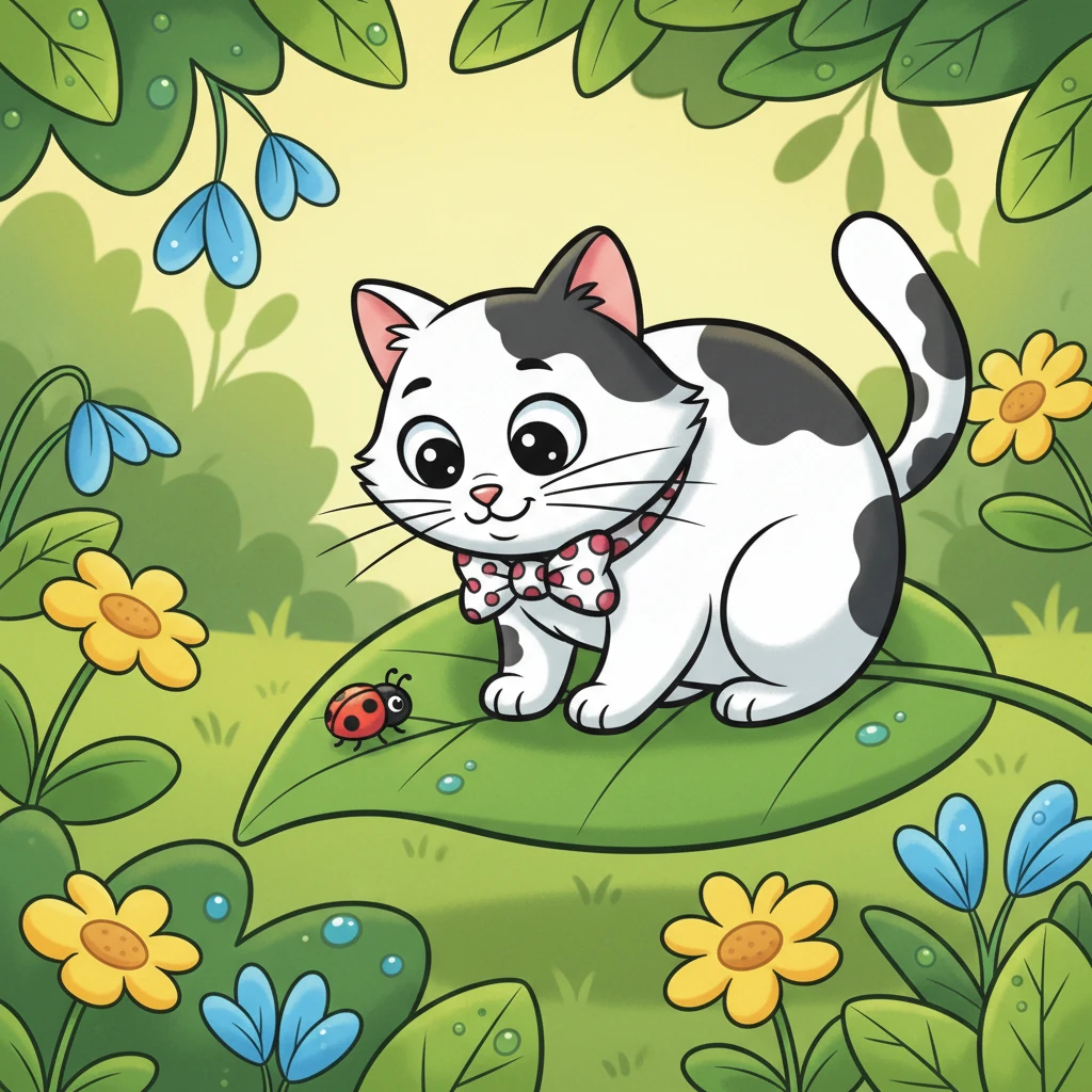 Out in the garden, Whiskers discovers a tiny ladybug crawling on a green leaf. She watches it carefully, her whiskers twitching with gentle interest.
