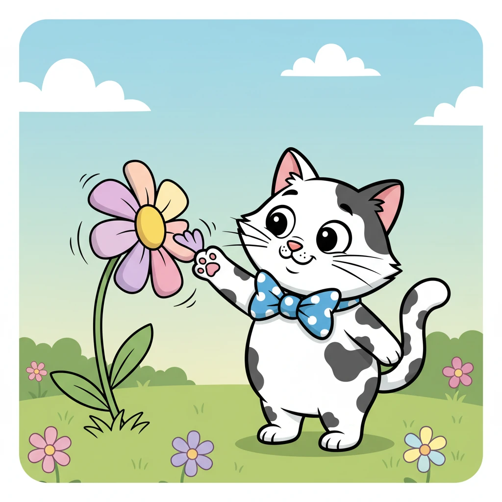 A vibrant flower sways gently in the breeze, and Whiskers reaches out a soft paw to bat at its petals. She's careful not to harm the delicate bloom.