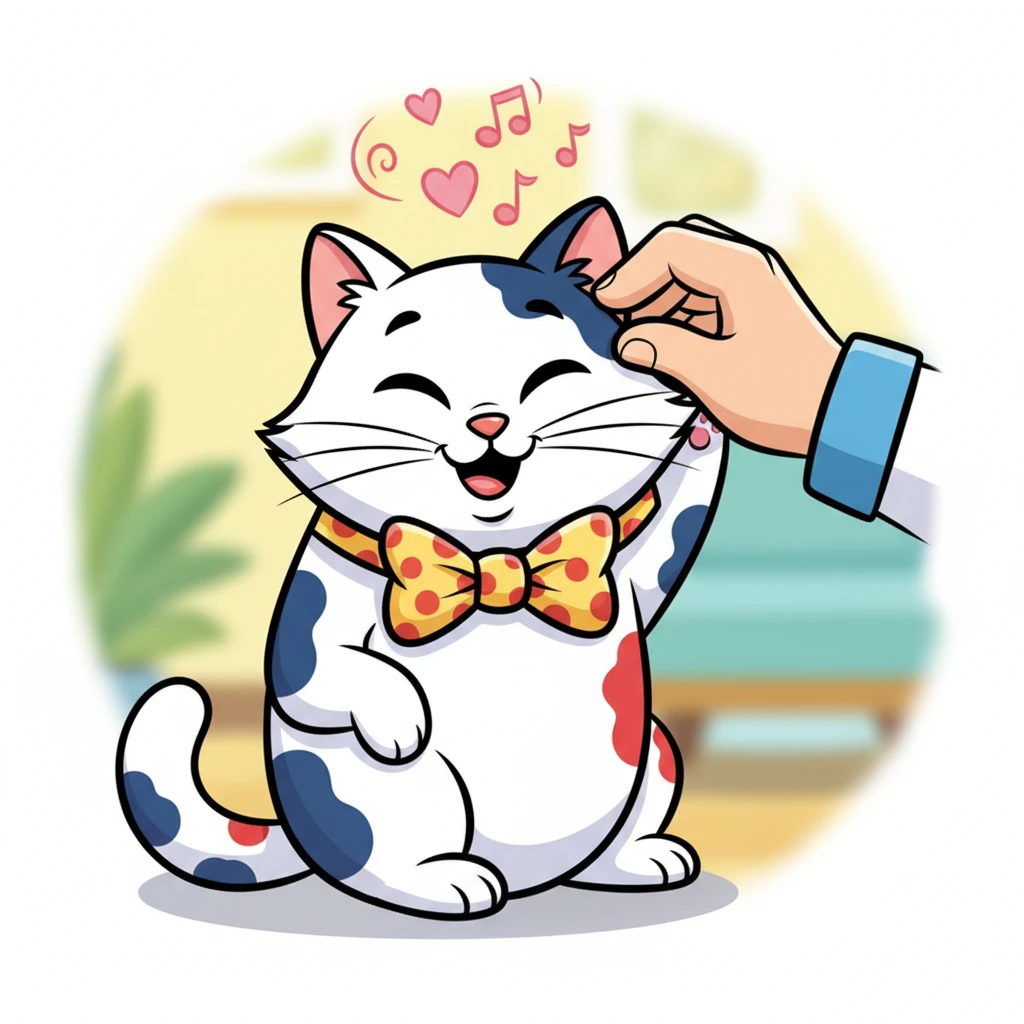 A kind hand gently scratches Whiskers behind her ears, making her purr loudly with pure joy. She leans into the loving touch, feeling safe and cherished.