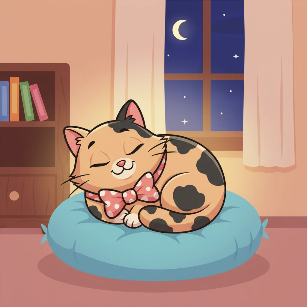 As evening arrives, Whiskers curls up on a soft cushion, ready for bed. Her big eyes slowly close, ending a wonderful day filled with little adventures.