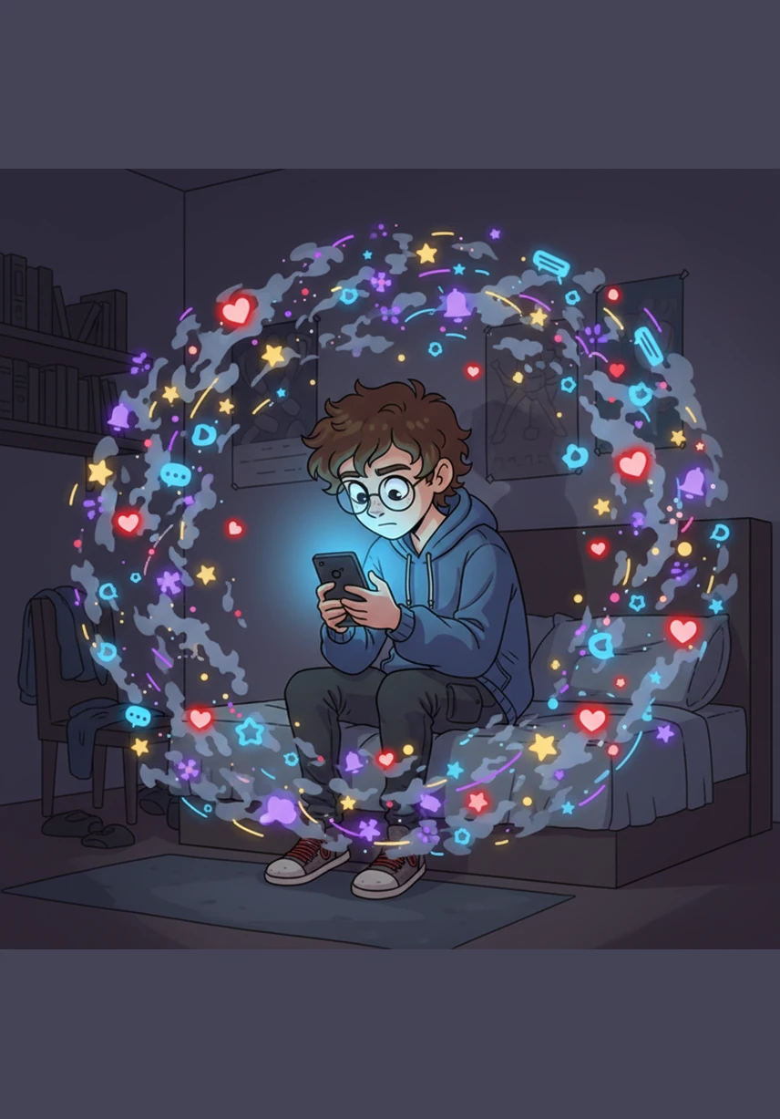 Theo sits in his dimly lit bedroom, his face bathed in the cold blue glow of a smartphone. Around him, a whirlwind of digital icons, hearts, and notification bells swirl in a never-ending cycle of distraction.