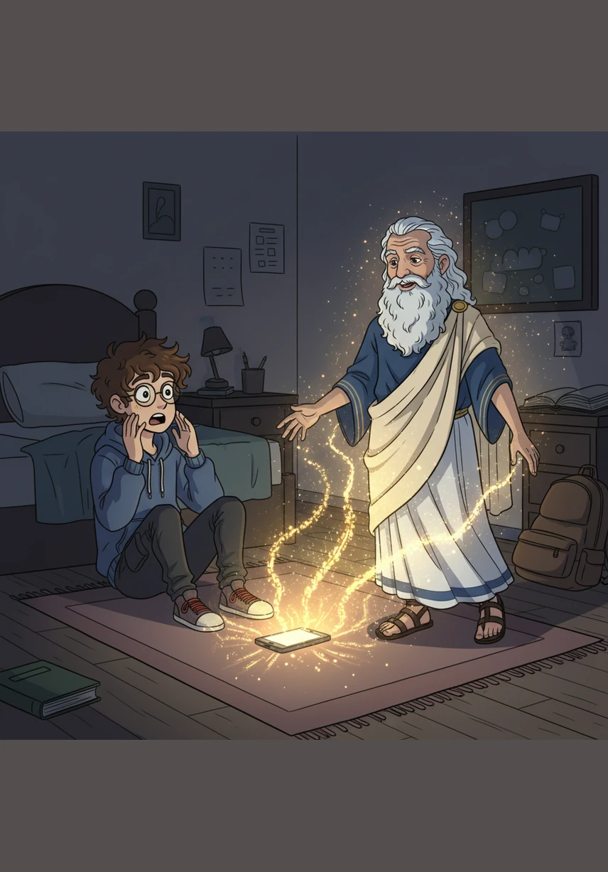 Suddenly, the phone screen erupts in a warm, golden shimmer that spills across the floor. Out of the digital mist steps the wise philosopher Aristotle, dressed in a flowing white toga, looking calmly at the startled boy.