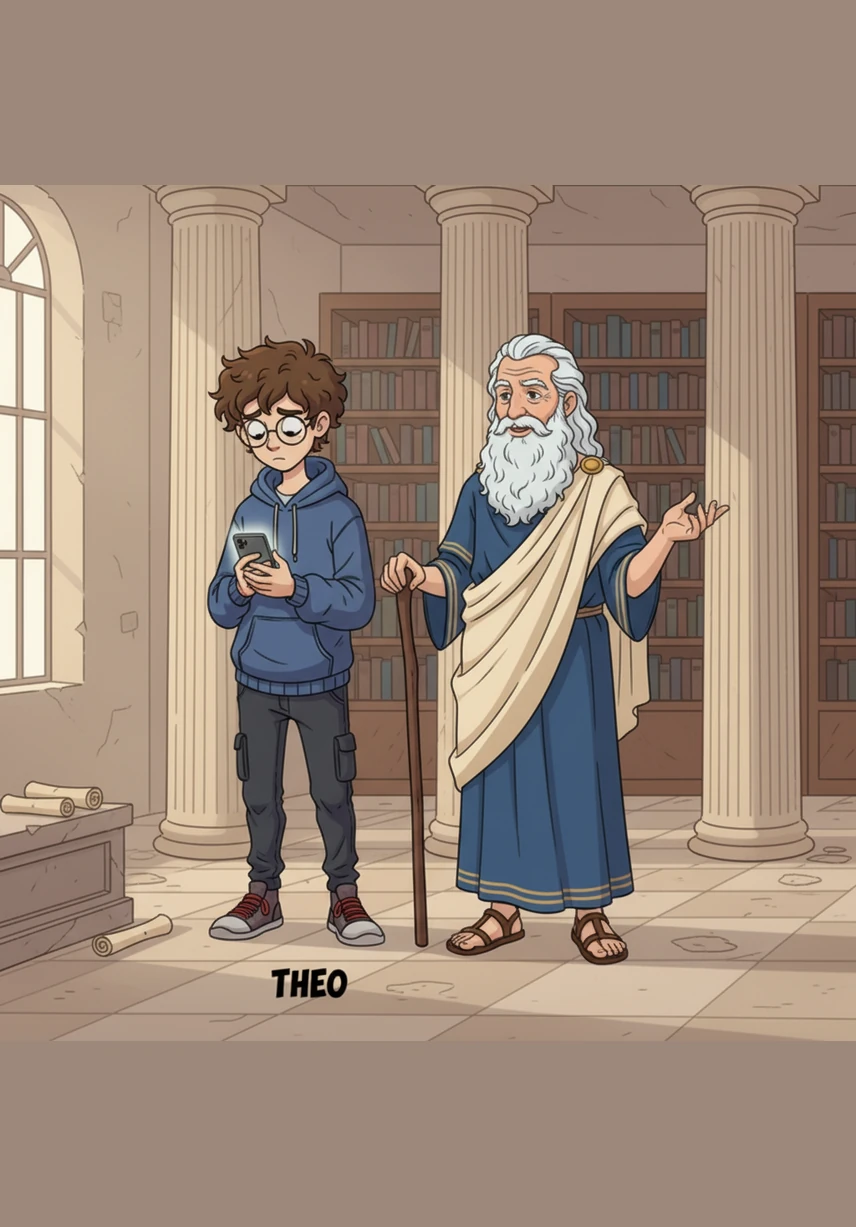 Theo holds his phone tightly, his shoulders slumped as he explains his feelings of emptiness despite his many followers. Aristotle listens with a gentle expression, his hand resting on a staff as he prepares to share a timeless secret.