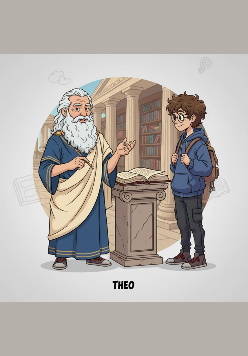 Aristotle unfurls a glowing ancient scroll that radiates a soft, comforting light throughout the room. He explains that true happiness, or eudaimonia, comes from the excellence of one's character rather than the temporary approval of strangers.