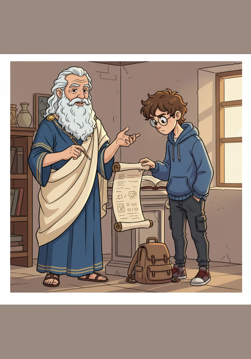 To illustrate his point, Aristotle conjures a golden balance scale floating in the air between them. He shows Theo how to find the Golden Mean, the perfect balance between being hidden from the world and being obsessed with fame.