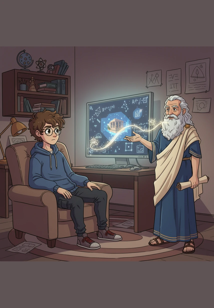 Theo looks at his screen again, but this time his expression is thoughtful and steady. He practices the philosopher's advice, choosing to write a sincere message of encouragement instead of a boastful post about himself.