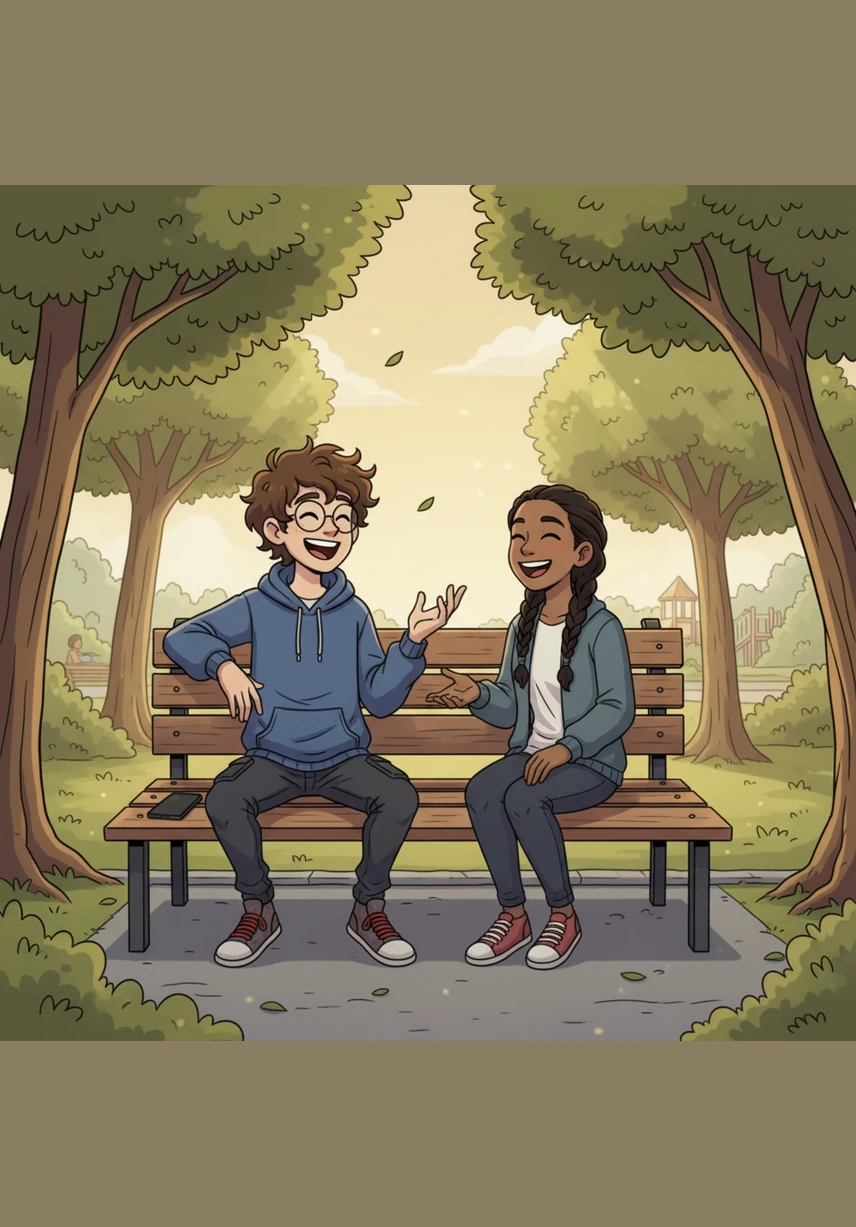 In the bright afternoon sun, Theo sits on a park bench with his phone resting face-down beside him. He engages in a real conversation with a friend, listening intently and sharing a genuine laugh without feeling the need to record it.