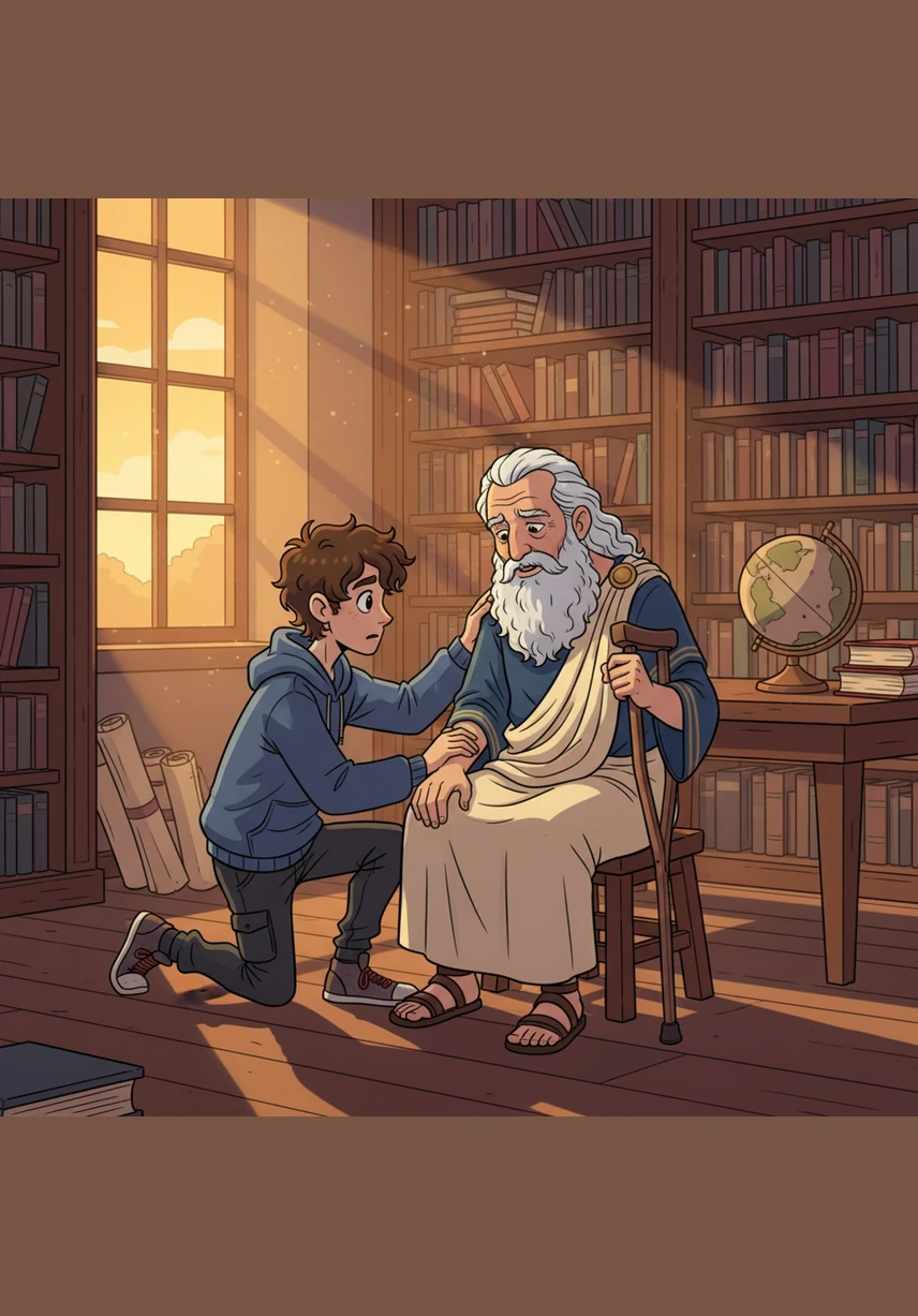 As the sun begins to set, Aristotle’s form turns into shimmering golden dust that drifts toward the window. He leaves behind a final, glowing message on the wall that reminds Theo that his character is defined by his actions every single day.