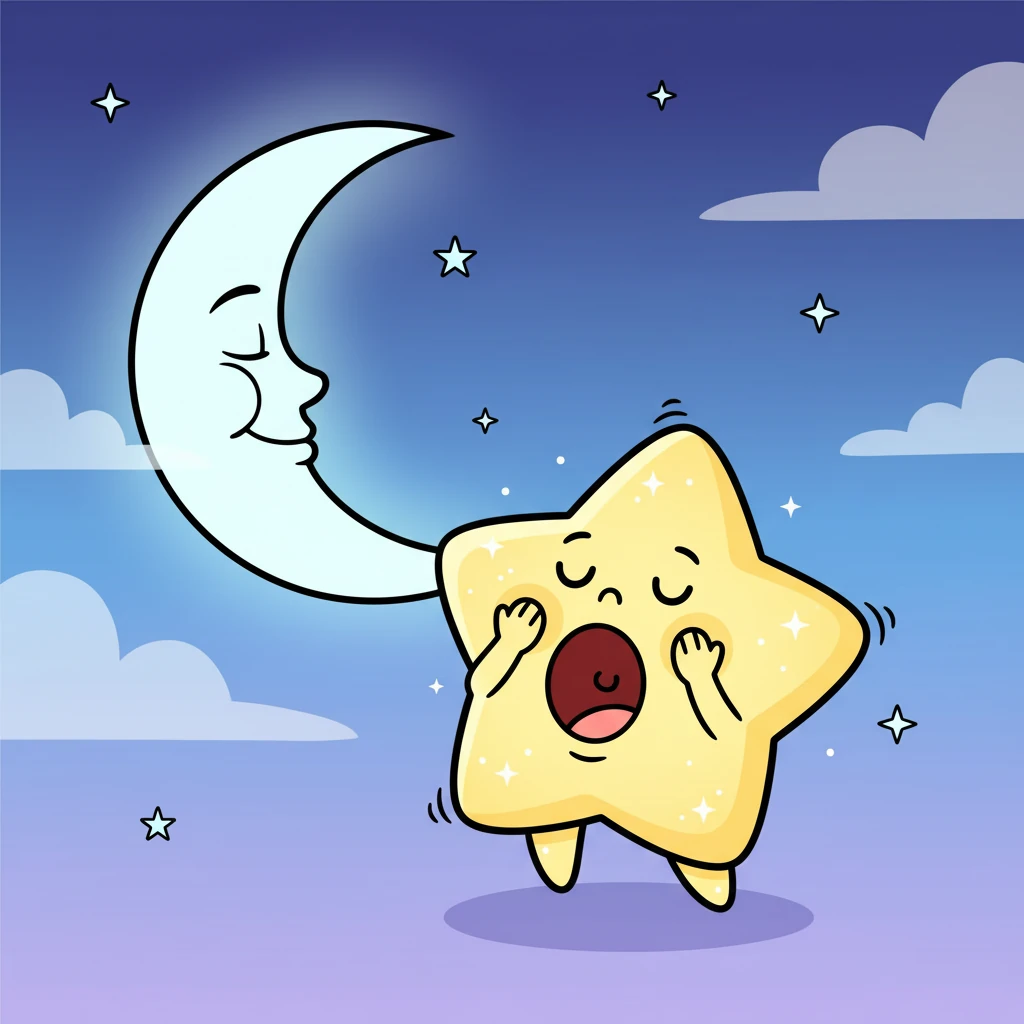 Twinkle, a small, sleepy star, yawns widely as the moon begins to rise, painting the sky in soft blues and purples. His tiny body shimmers faintly, ready for his nightly journey to help others sleep.