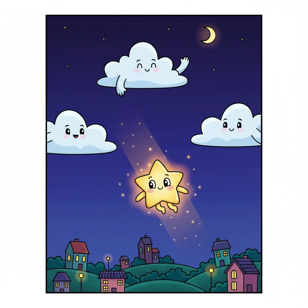 Twinkle gently floats down from the vast, dark sky towards a cozy, quiet town where all the lights are starting to dim. He passes by fluffy, smiling clouds that wave him goodbye.
