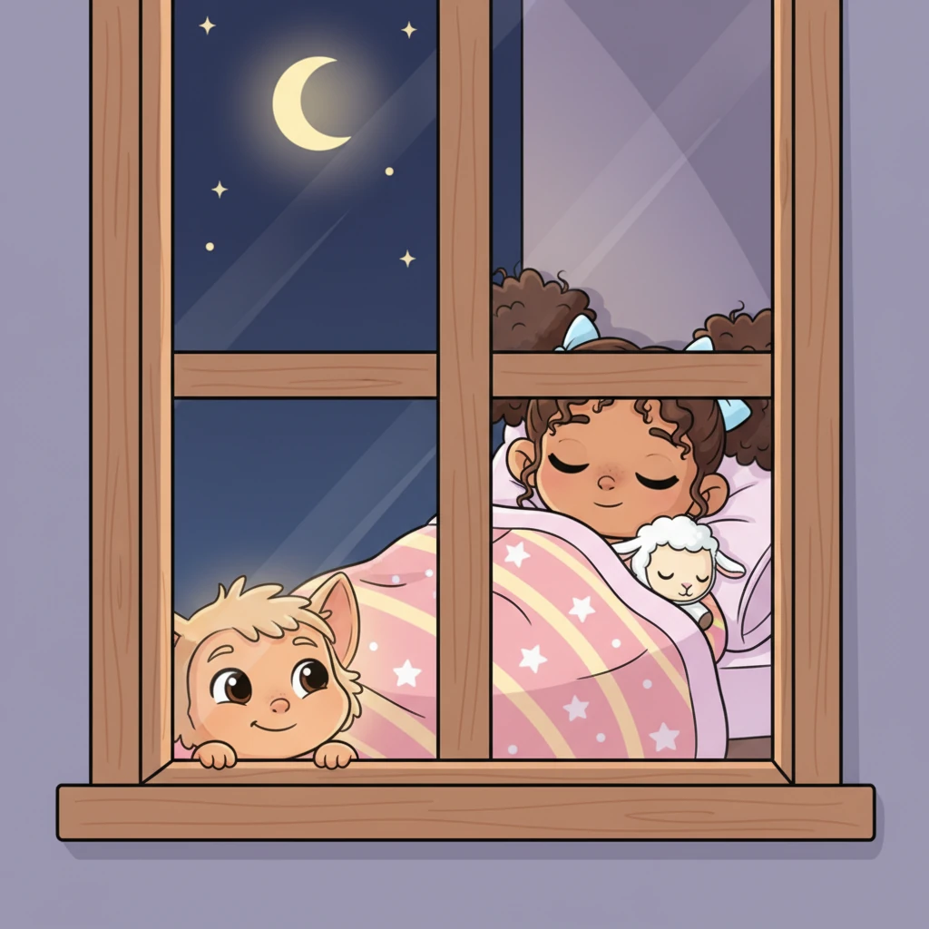 He peeks into a window of a child's bedroom, where a little girl named Lily is snuggled under her blanket, her eyes slowly closing. Twinkle smiles softly, feeling a warmth in his heart.