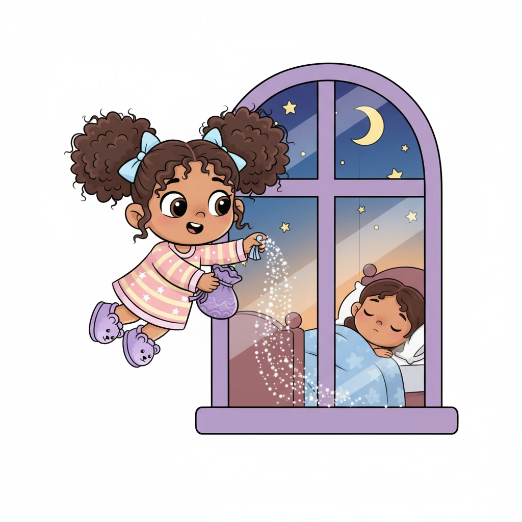 Twinkle decides to sprinkle some special sleepy dust, shimmering like tiny diamonds, over Lily's window. The dust floats down like gentle, magical snowflakes, promising sweet dreams.