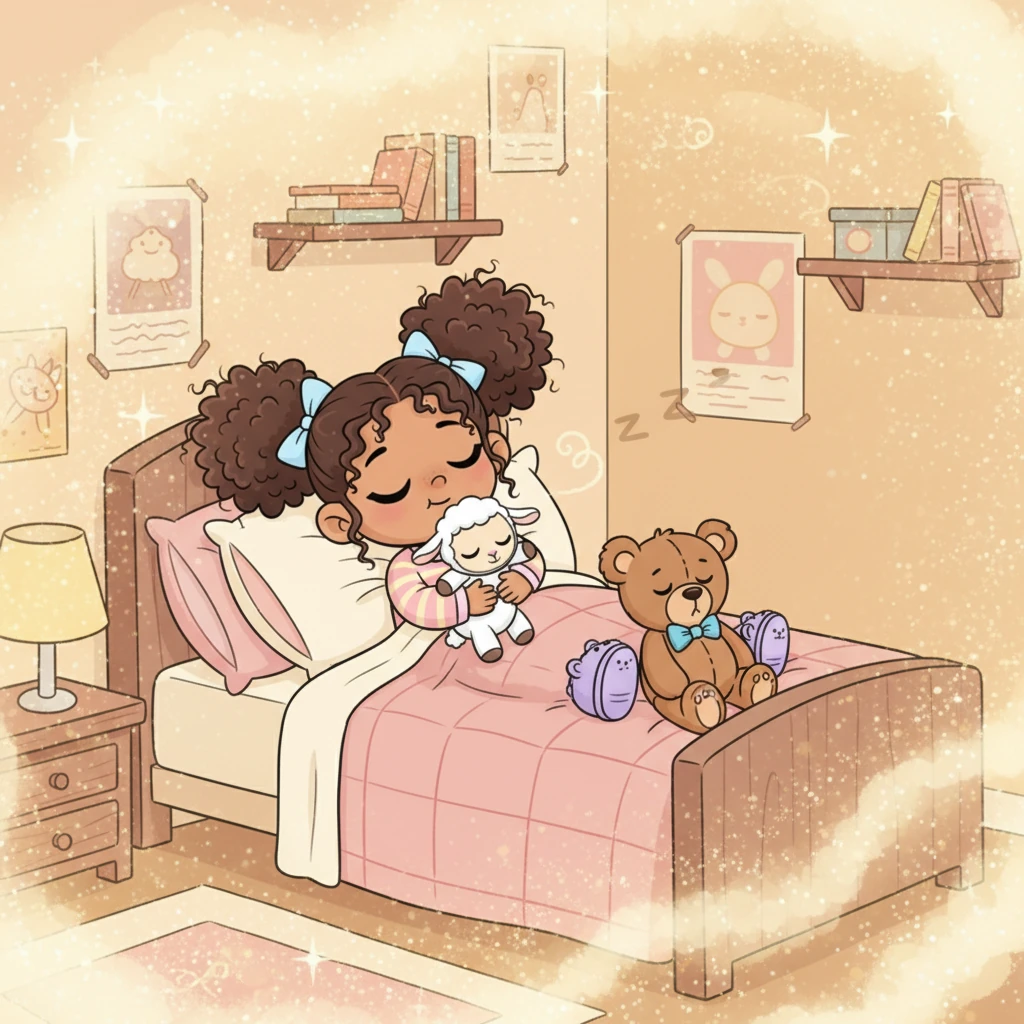 As the sleepy dust touches Lily's room, her teddy bear seems to give a little nod, and a warm, dreamy glow fills the space. Lily’s breath becomes calm and even, a sign of deep, peaceful sleep.