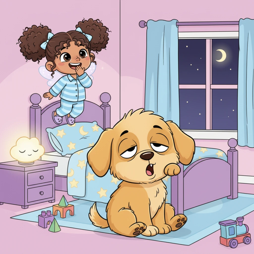 Twinkle then floats to another house, where a playful puppy named Pipsqueak is trying very hard to stay awake, his eyelids heavy. Twinkle giggles quietly at the puppy's sleepy antics.