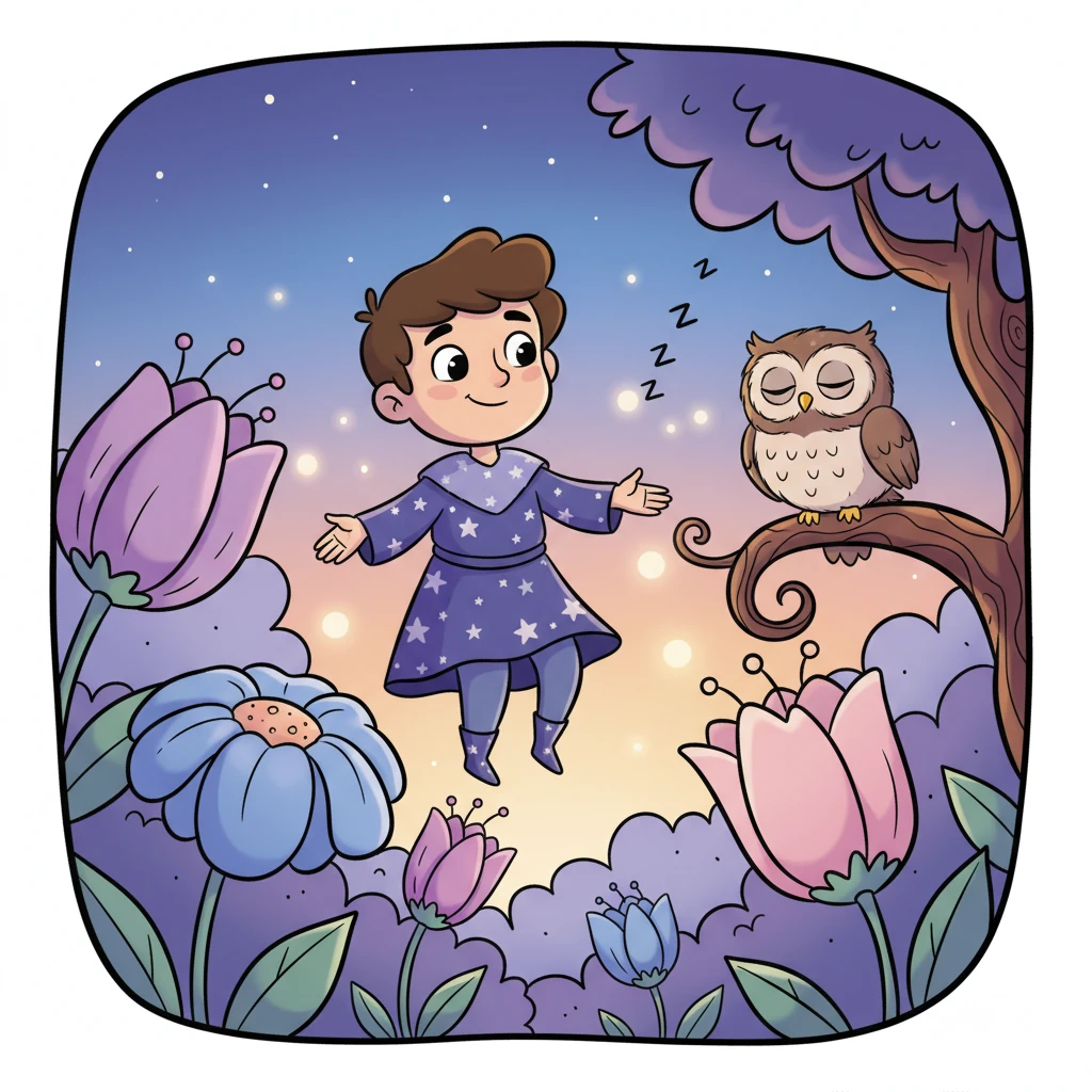 Twinkle visits a sleepy garden, where flowers are closing their petals for the night and a little owl is blinking slowly on a branch. He ensures all living things are settling down for their rest.