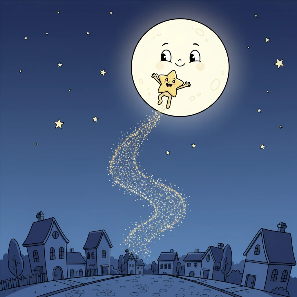 His mission complete, Twinkle floats back up towards the bright moon, leaving a shimmering trail of peaceful stardust behind him. The town below is now completely quiet and bathed in soft moonlight.