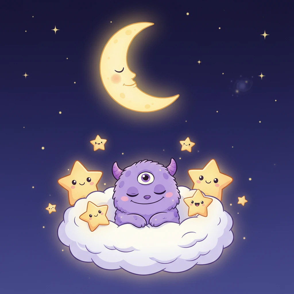 Twinkle nestles among his star friends, feeling proud and cozy, as the moon shines brightly above. He closes his own eyes, ready for his well-deserved rest, dreaming of all the peaceful sleepers.