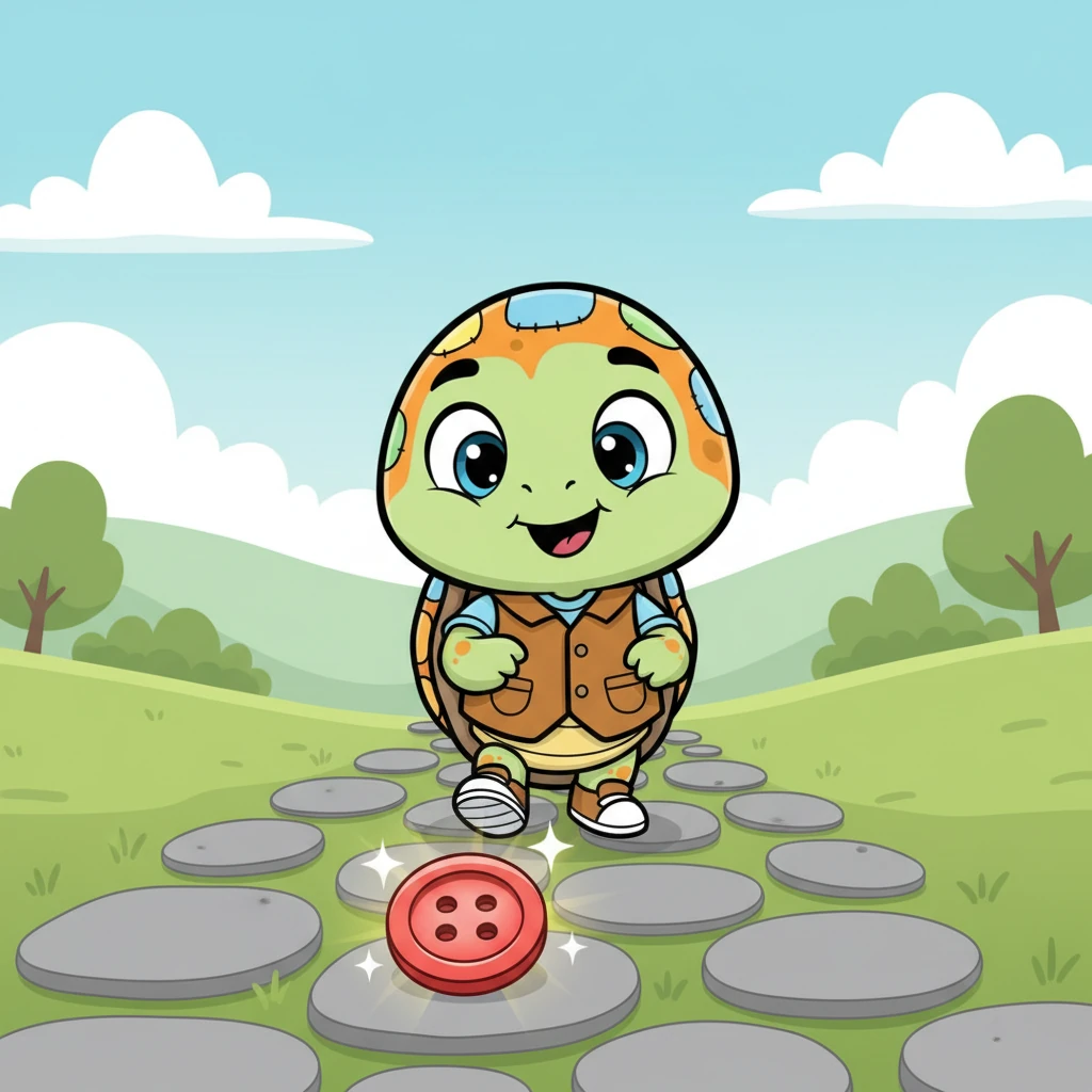 One sunny morning, as Orange was strolling along, he suddenly spotted a beautiful red button lying on the ground. It sparkled brightly in the sunlight, catching his eye with its cheerful glow. Orange's eyes widened with excitement.