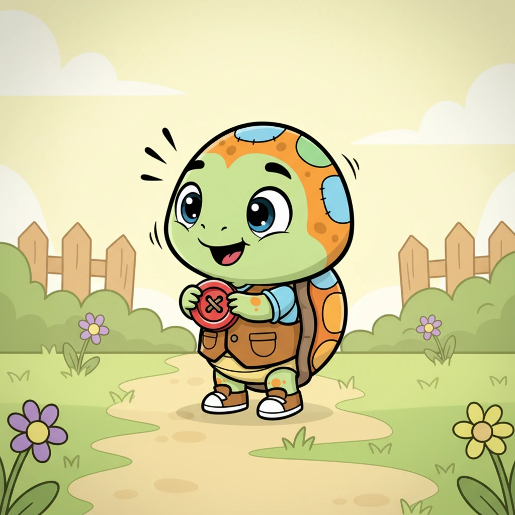 "Oh my! This is mine!" Orange exclaimed with a happy gasp. "It must have fallen right off my shell!" With great care, he gently placed the shiny red button onto his own orange shell, feeling a burst of joy as it settled perfectly.