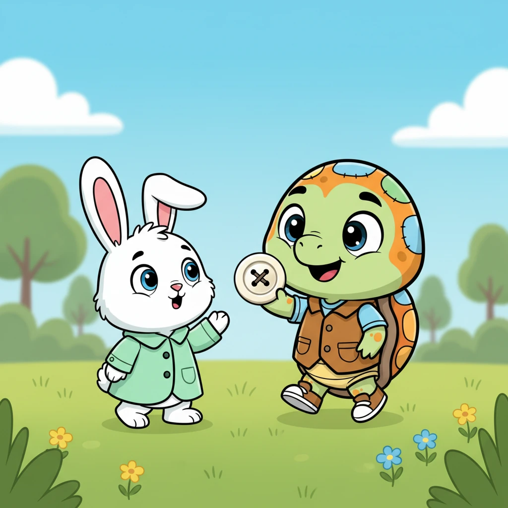 With his happy little nose twitching, Orange began to walk around, eager to show off his new treasure. He first waddled over to a fluffy white bunny. The bunny looked at the button and said, "Oh, how pretty! But... that button is from my coat!"
