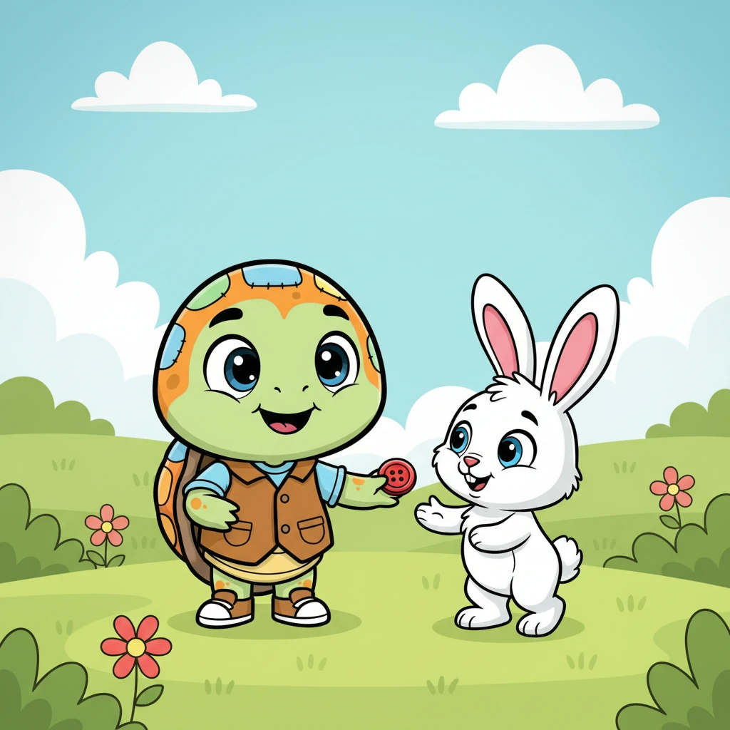 Orange felt a tiny pang of sadness, but seeing the bunny's hopeful face, he gently took the button from his shell. With a kind smile, he handed the red button to the grateful bunny, who hopped away happily.