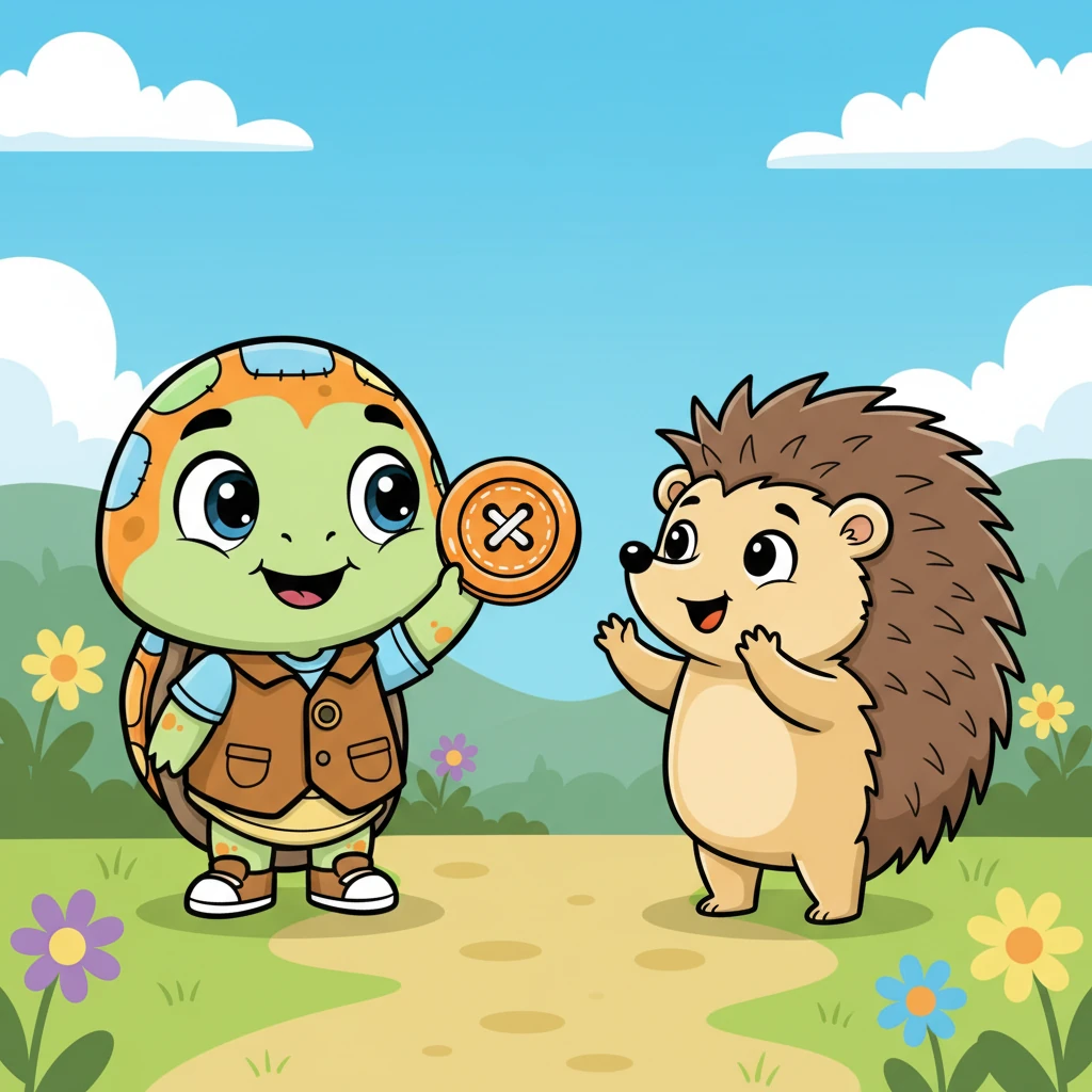 Next, Orange continued his stroll and soon met a spiky hedgehog. He proudly showed the button to the hedgehog. The hedgehog's eyes lit up and he exclaimed, "Hooray! That's my mom's scarf button!"